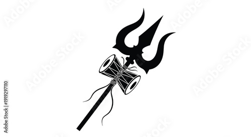 Trident with crossed bugles and long ribbons, black emblem symbol, vector illustration featuring military, naval, sea with ocean and mythology elements for sea god, Poseidon projects, clean