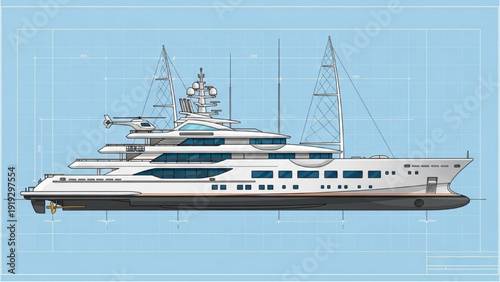 Luxury yacht design concept featuring vehicle autocad blueprint on a serene water body