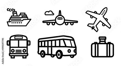 Travel transportation icons set including cruise ship airplane bus and luggage on white background for travel and tourism concepts