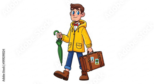 Cartoon boy walking with suitcase and umbrella on rainy day wearing yellow raincoat and blue jeans holding luggage and green umbrella smiling face with brown hair and boots