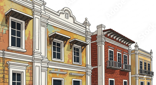 Colorful historic buildings with ornate facades and balconies in european style architecture