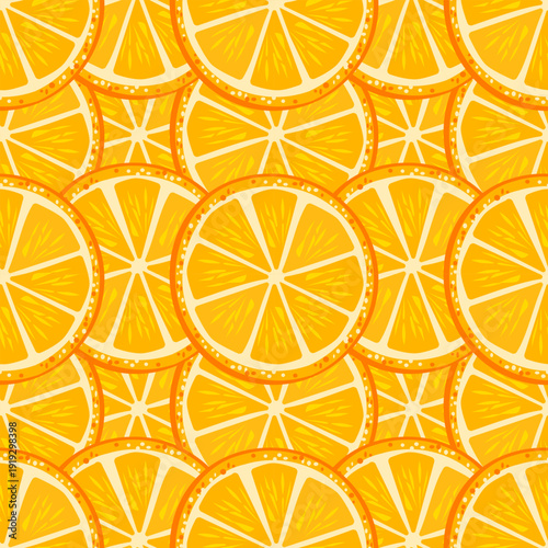 Seamless pattern with orange slices arranged in a dense composition. Bright citrus background in flat vector style, perfect for summer design, juice packaging, kitchen textiles and fresh food branding