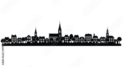 Detailed cityscape with various buildings and a striking silhouette