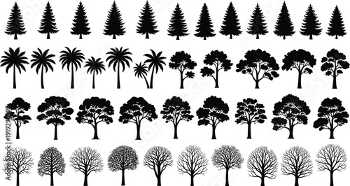 Large collection of black tree silhouettes including pine palm and deciduous forest trees for landscape architecture and environmental nature design isolated on white background