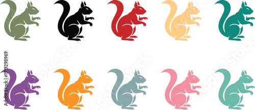 Colorful Squirrel Silhouettes: A vibrant collection of stylized squirrel silhouettes, each rendered in a different hue, presents a playful visual and creative resource.