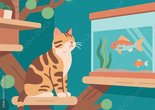 A Cat Looking at Fish in an Aquarium Illustration Creative Design Template 