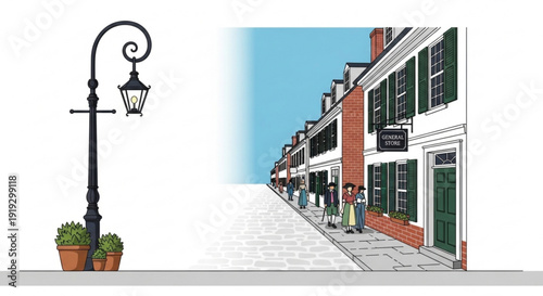 Vintage street scene with old fashioned lamp post and potted plants on a quiet urban sidewalk lined with brick and white buildings