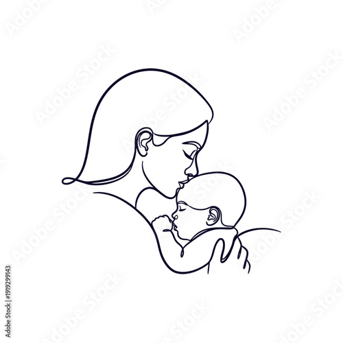 Tender Mother and Baby Embrace in Minimal Line Art Illustration.