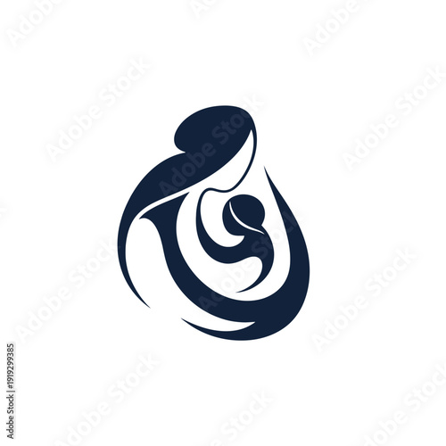 Abstract minimalist logo of a mother with infant in a protective embrace.