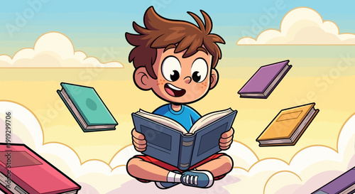 Cartoon Boy Reading Book on Clouds.
