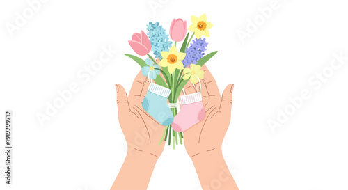 Hands holding a bouquet of colorful flowers in gift boxes.