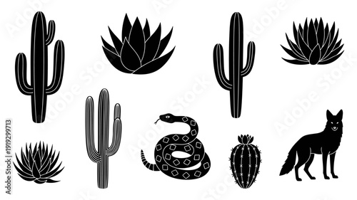 A collection of black desert-themed silhouettes, featuring various cacti, agave plants, a coiled snake, and a standing coyote, isolated on a white background.