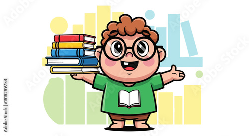 Cartoon Boy with Books and Glasses.