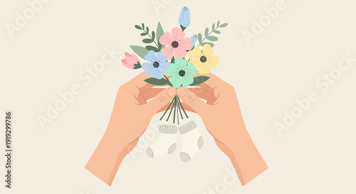 Hands holding a bouquet of colorful flowers.
