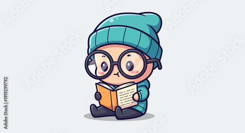 Cartoon Character Reading Book with Glasses.