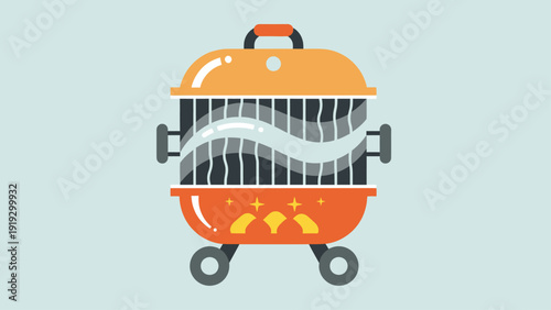 An orange and gray grilling apparatus with smoke rising, sitting on a light blue background