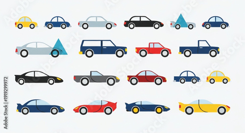 Collection of various car illustrations in different colors and styles.