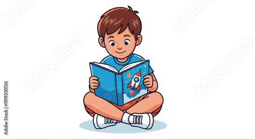Young Boy Reading Book Sitting Cross Legged.