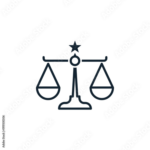 An icon of justice a scales with a star above, simple black outline