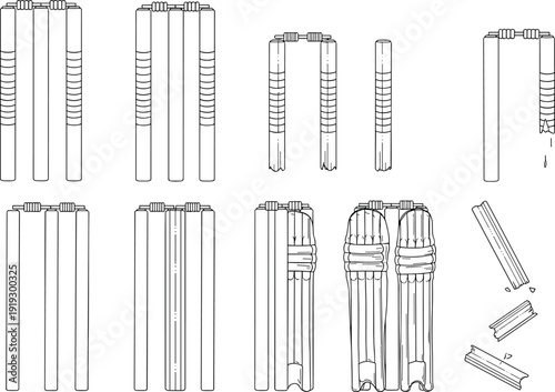 Detailed line art illustrations of cricket wickets, bails, and leg guards in various states, featuring broken stumps and equipment for sports branding and design.