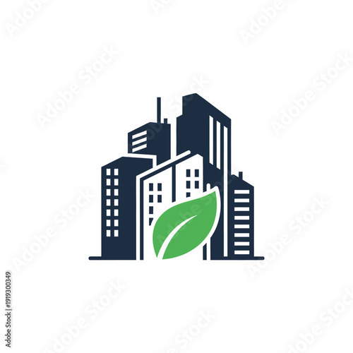 An icon of city buildings beside a green leaf on a white background