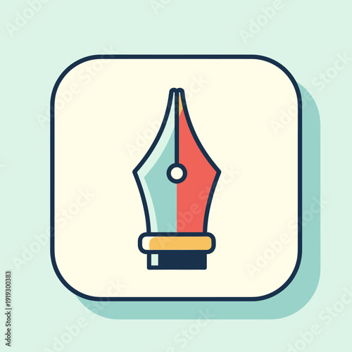Cartoon-style fountain pen nib illustration within a rounded square
