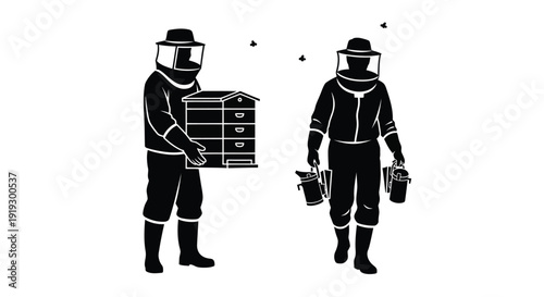 Beekeepers tending hives with bees a striking black silhouette