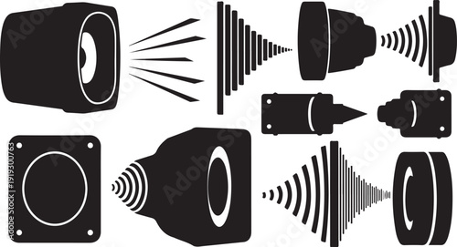 Sound wave icons and speaker symbols in black