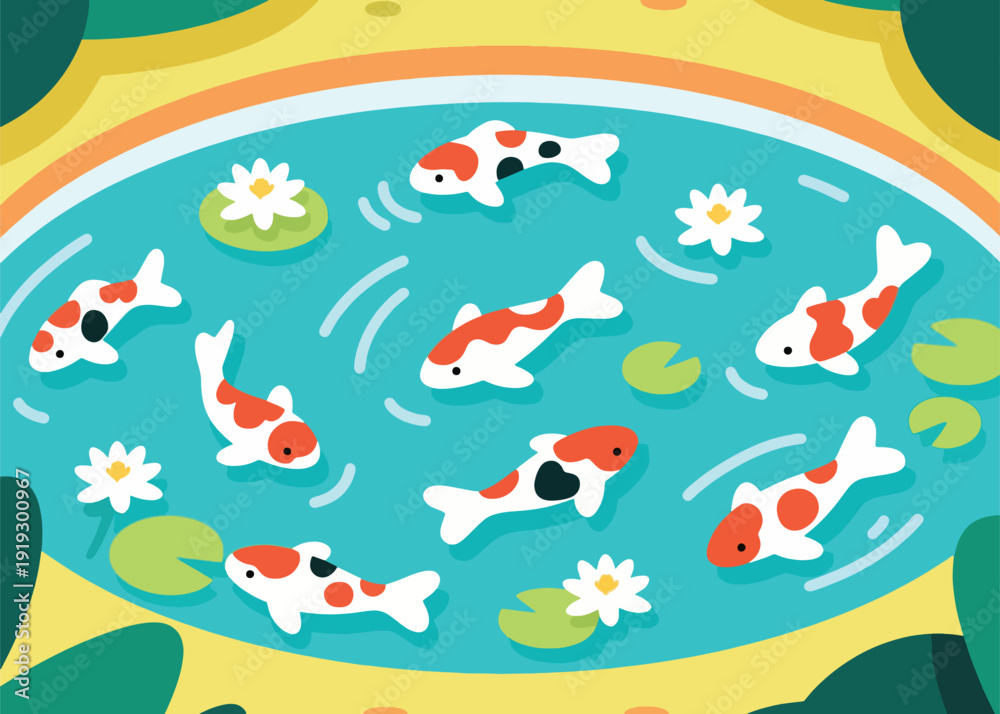 Fototapeta premium Collection of Koi Fish in a Pond with Lotus Flower Leaves Illustration Creative Design Template 