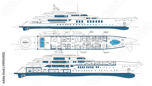 Detailed vehicle autocad blueprint of a luxury yacht showcasing its multiple decks and interior layout in a technical drawing format