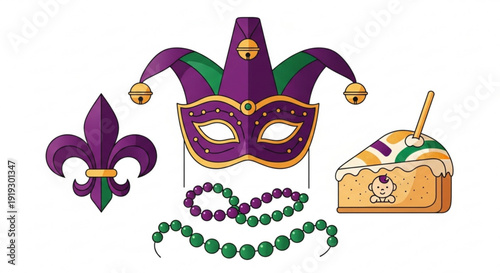 A colorful illustration of Mardi Gras symbols and treats on a white background