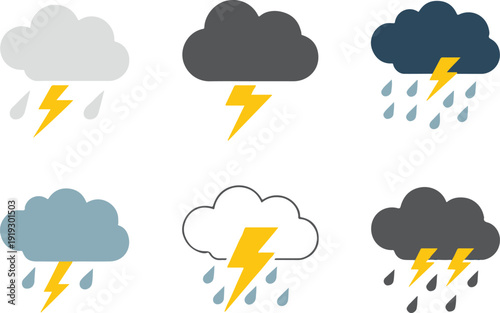 storm rain and lightning icon set flat outline glyph vector for ui