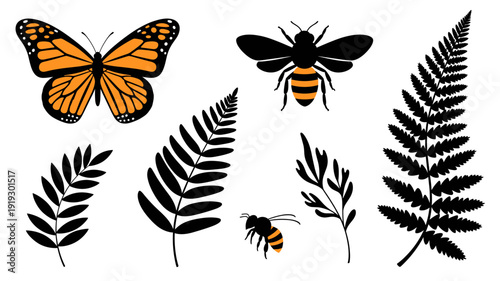 A vibrant collection of monarch butterflies, busy bees, and various fern leaves, depicted in a stylish vector illustration on a clean white background.