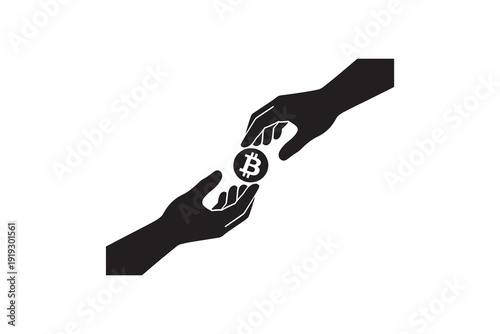 Hands exchanging bitcoin coin silhouette concept - Cryptocurrency payment between two hands black and white