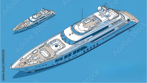 Detailed vehicle autocad blueprint of luxury yacht with tender on calm waters from aerial viewpoint
