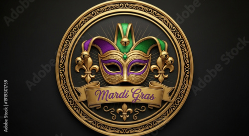 A colorful Mardi Gras mask icon with purple, green, and gold design elements