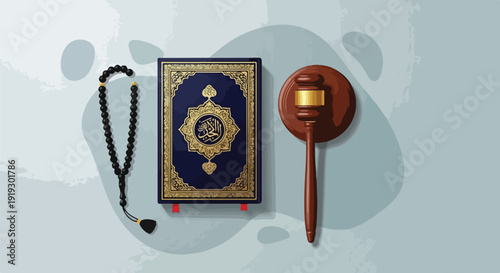 Islamic law concept: Quran, prayer beads, and judge's gavel symbolizing justice and religious principles