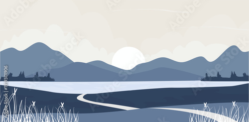 Landscape view overlooking the lake, silhouette of mountains with sunrise or sunset.