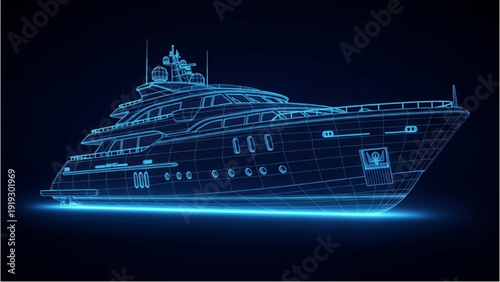 Luxury yacht design concept vehicle autocad blueprint illustration on dark background, viewed from the side