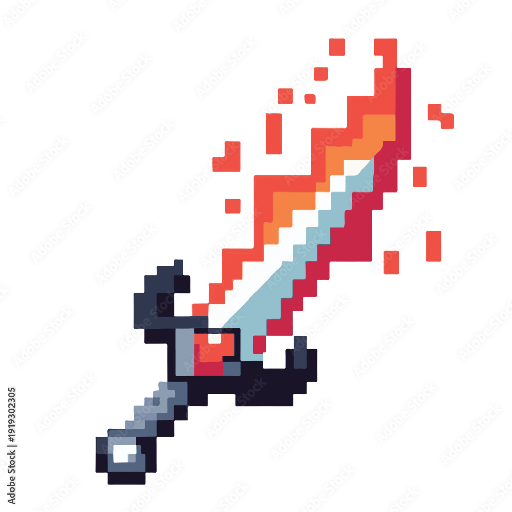 Fototapeta premium Pixel Flaming Sword – 8 Bit Fire Blade Game Sprite