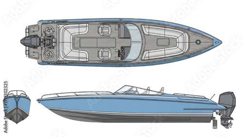 Detailed vehicle autocad blueprint of a modern speedboat viewed from above and side