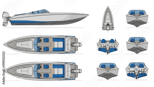 Detailed vehicle autocad blueprint of a luxury yacht with multiple views and technical drawings showcasing its design and layout from various angles on a clean sheet.