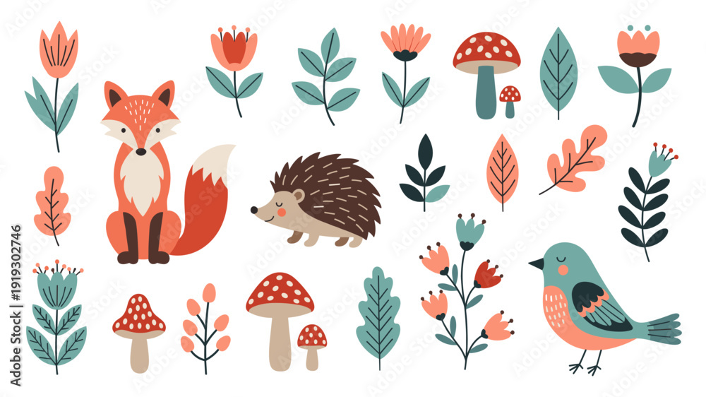 Fototapeta premium Charming collection of whimsical forest animals, including a fox, hedgehog, and bird, alongside various stylized flowers, leaves, and mushrooms, perfect for children's designs.