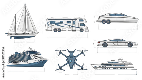 Detailed vehicle autocad blueprint of various transportation modes including yacht, caravan, and limousine illustrations from a technical viewpoint