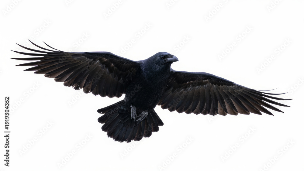Obraz premium Black Crow in Flight with Wings Spread Wide Over White Background Isolated Silhouette in Nature