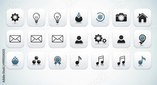 Collection of modern digital icons for user interface design.