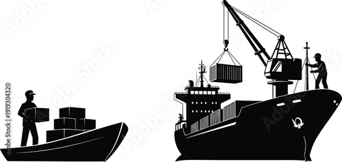 Cargo ship loading silhouettes, black and white maritime logistics illustration, container transport scene, industrial harbor activity, monochrome shipping and freight industry design concept