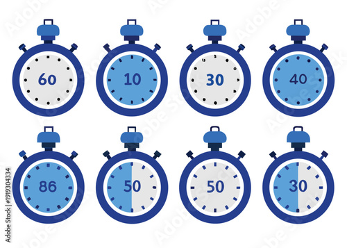A collection of nine identical blue stopwatches arranged in a grid pattern. isolated on white background, Vector