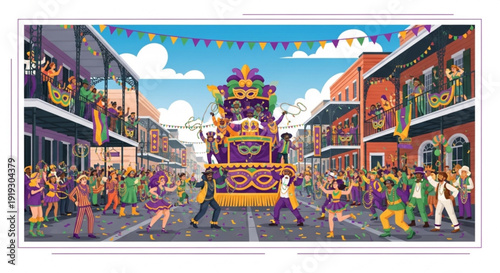 A vibrant Mardi Gras parade floats through a lively city street