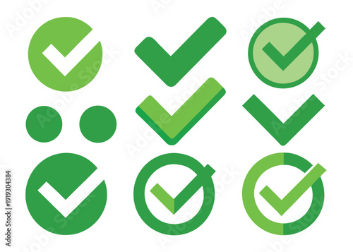 Green check marks and dots representing approval and confirmation isolated on white background, Vector